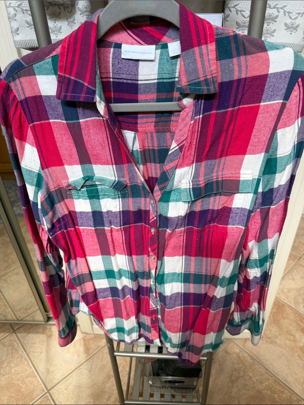 New York & Company Pink Green Purple Plaid Button-Down Shirt